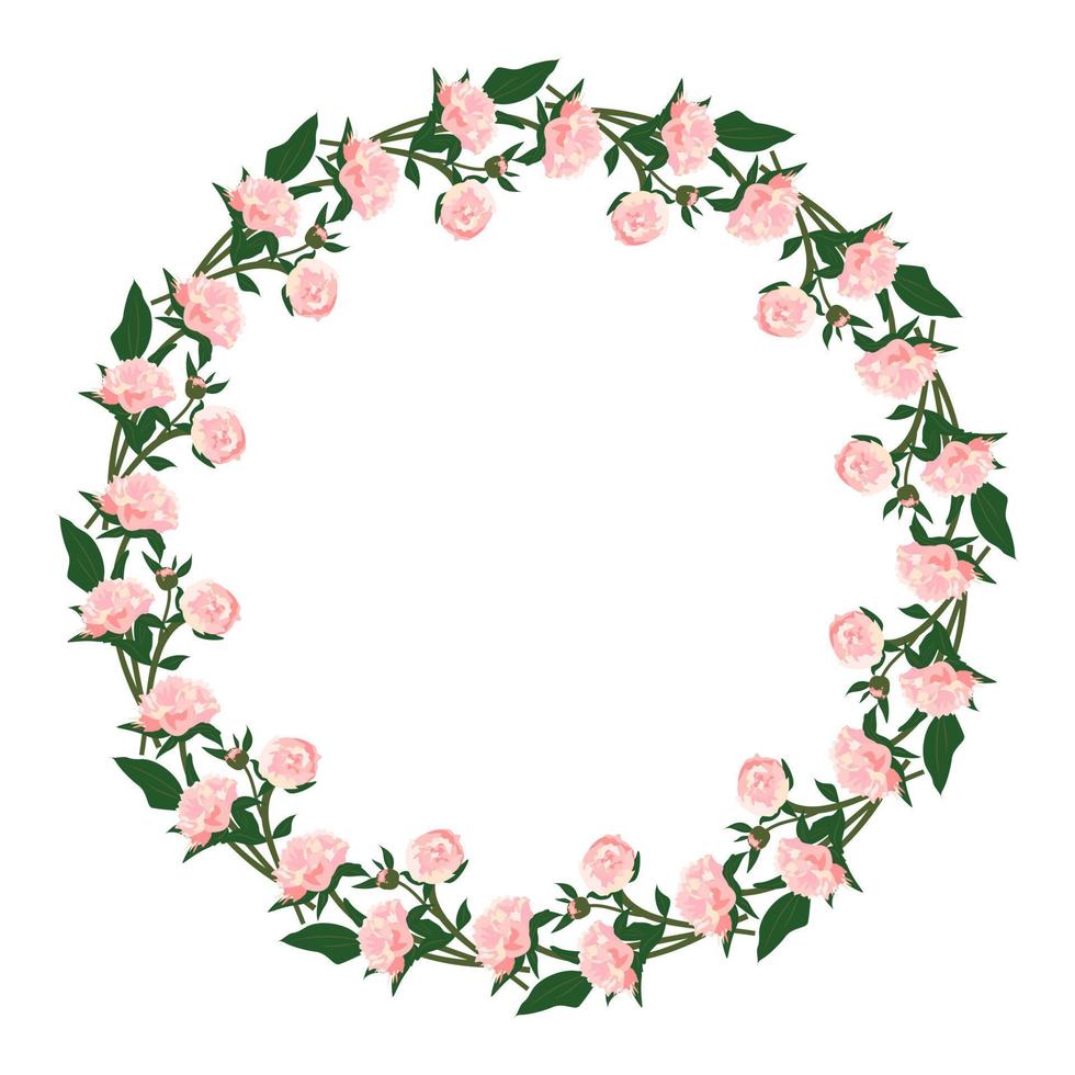 krans van pioenrozen. rond frame, roze schattige bloemen en bladeren. lente roze bloeiende compositie met toppen. vakantiedecoraties voor bruiloft, vakantie, ansichtkaart, poster en design. vector illustratie