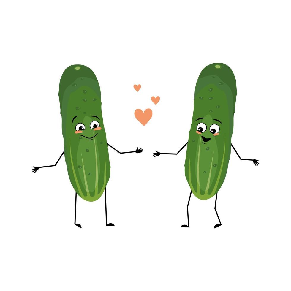 komkommerkarakter met liefdeemoties, glimlachgezicht, armen en benen. persoon met gelukkige uitdrukking, groene groente of emoticon. platte vectorillustratie vector