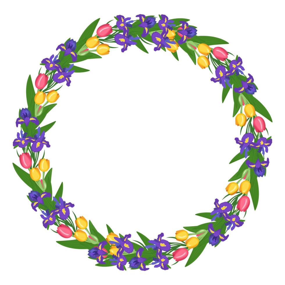 ronde krans van tulp en iris bloemen. frame met lente bloeiende compositie met planten en bladeren. feestelijke decoratie voor bruiloft, vakantie, ansichtkaart en design. platte vectorillustratie vector