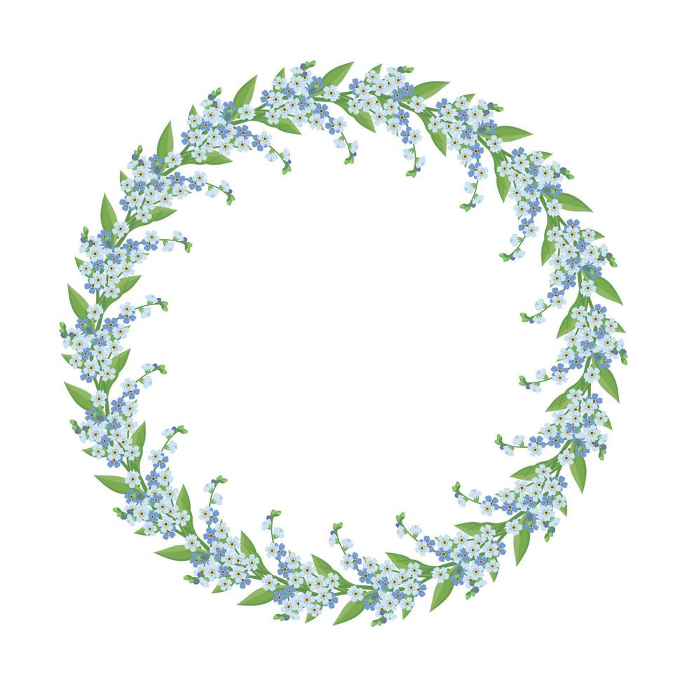 ronde krans van kleine blauwe vergeet me niet bloemen. frame met lente bloeiende compositie met knoppen en bladeren. feestelijke decoratie voor bruiloft, vakantie, ansichtkaart en design. platte vectorillustratie vector