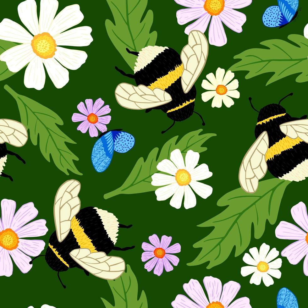 schattige hommel op weide naadloos patroon. zomer achtergrond van bijen en bloemen. vector