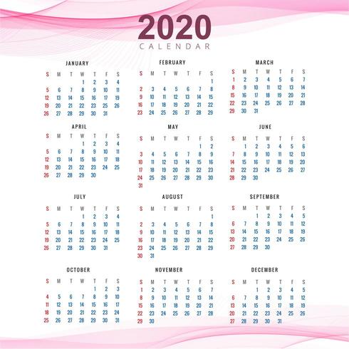 Schone 2020 kalender sjabloon prachtige golf ontwerp vector