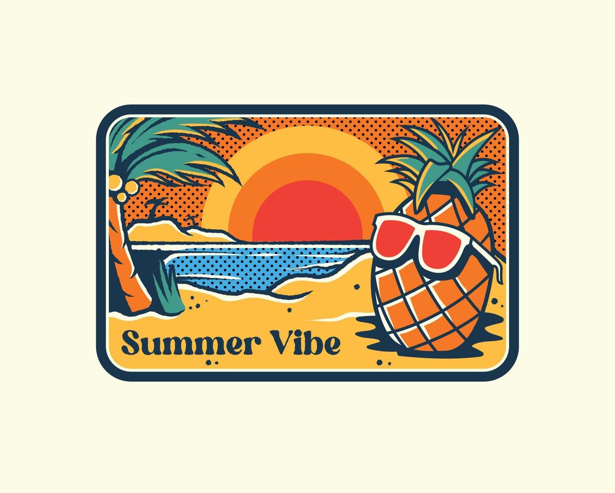 vintage emblemen zomer illustraties van pinneaple cartoon genieten op vakantie vector