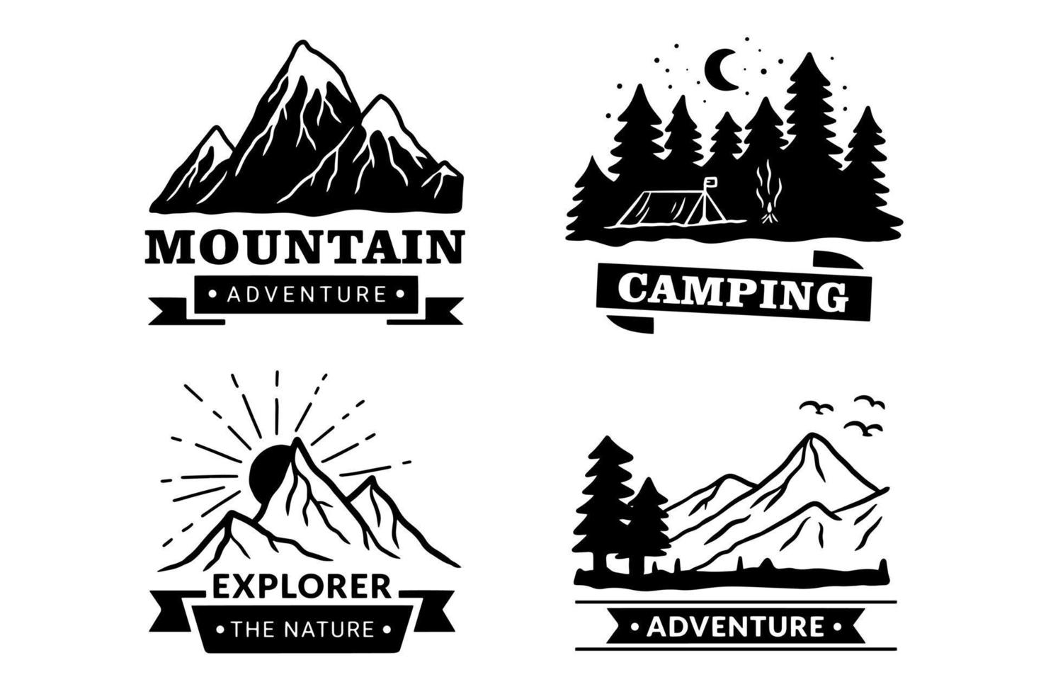 collectie avontuur badges logo camping berg ontdekkingsreiziger handgetekende expedities buiten vector