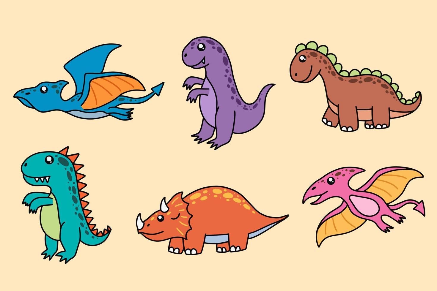 set collectie schattige dinosaurussen fossiele cartoon doodle karakter handgetekende platte lijntekeningen vector