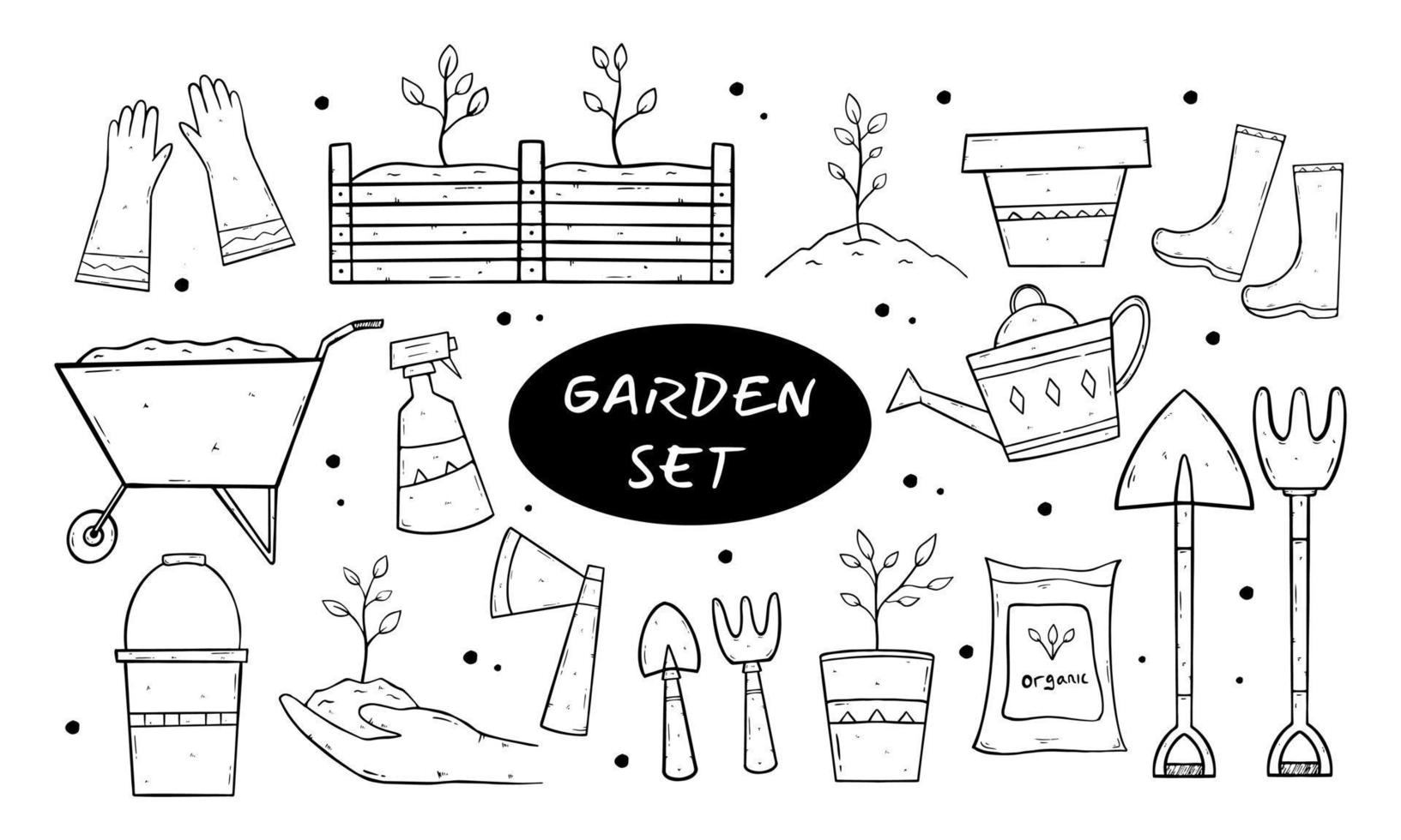 set van tuin thema. illustratie vectorafbeelding met hand getrokken geïsoleerde doodle op het thema van de tuin, tuingereedschap. schetsen voor gebruik in ontwerp vector