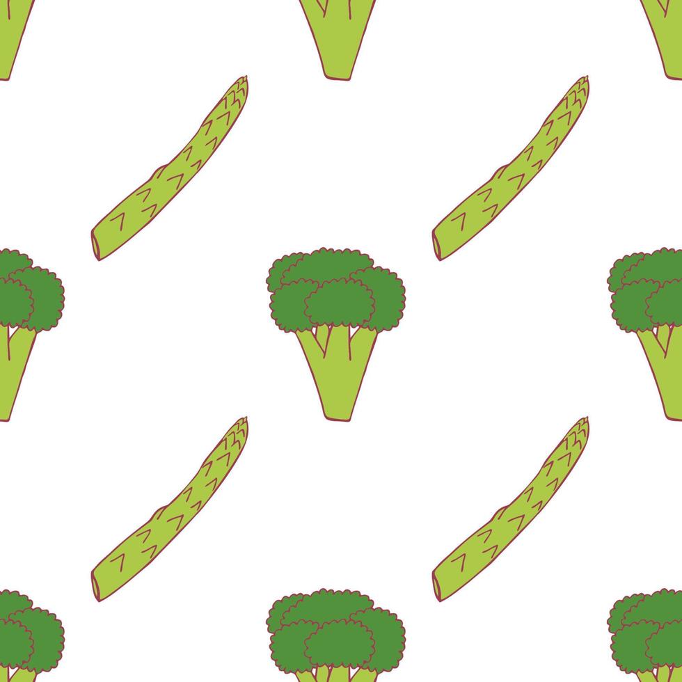 broccoli en asperges naadloos patroon voor behangontwerp. vers rijp kleurvoedsel. biologische gezonde groente. rauw, veganistisch, vegetarisch eten. cartoon patroon op witte achtergrond. vectorkrabbelontwerp. vector
