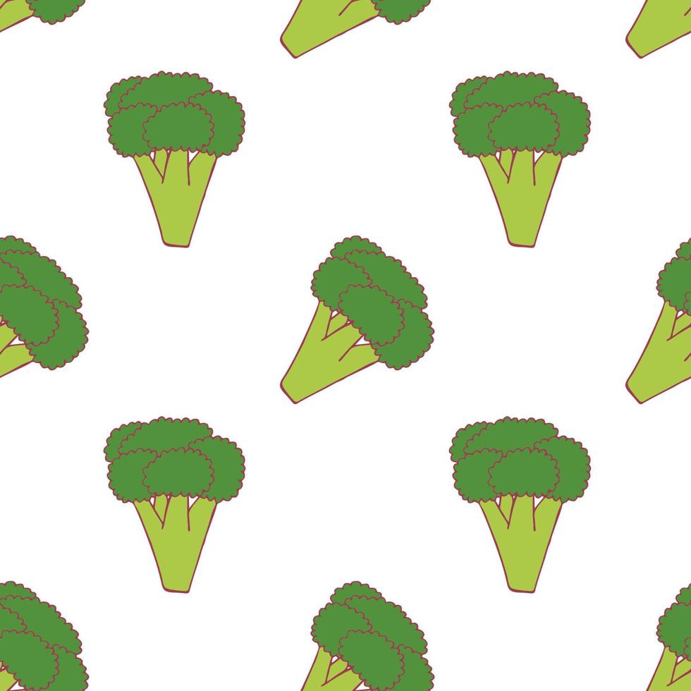 broccoli naadloos patroon voor behangontwerp. vers rijp kleurvoedsel. biologische gezonde groente. rauw, veganistisch, vegetarisch eten. cartoon patroon op witte achtergrond. vectorkrabbelontwerp. vector