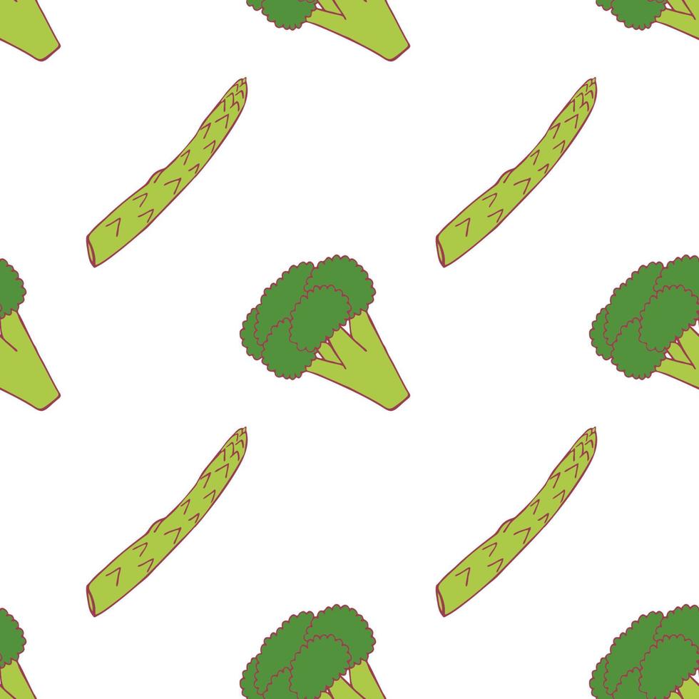 broccoli en asperges naadloos patroon voor behangontwerp. vers rijp kleurvoedsel. biologische gezonde groente. rauw, veganistisch, vegetarisch eten. cartoon patroon op witte achtergrond. vectorkrabbelontwerp. vector