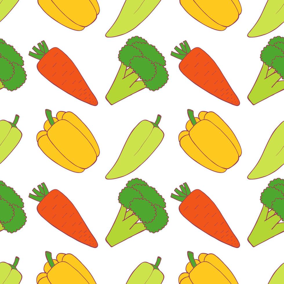 set van plantaardige naadloze patroon voor behangontwerp. peper, broccoli, wortel. biologische gezonde groente. rauw, veganistisch, vegetarisch eten. cartoon patroon op witte achtergrond. vectorkrabbelontwerp. vector