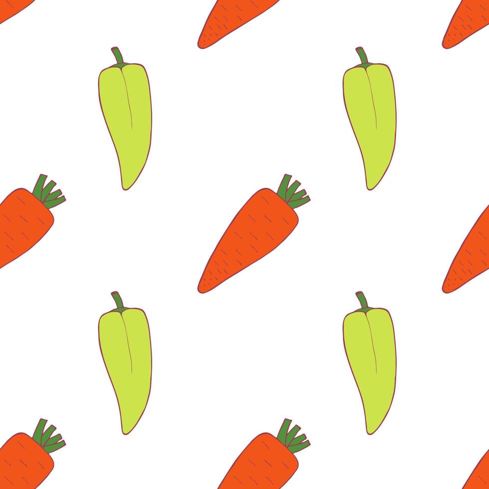 wortel en peper naadloos patroon voor behangontwerp. vers rijp kleurvoedsel. biologische gezonde groente. rauw, veganistisch, vegetarisch eten. cartoon patroon op witte achtergrond. vectorkrabbelontwerp. vector