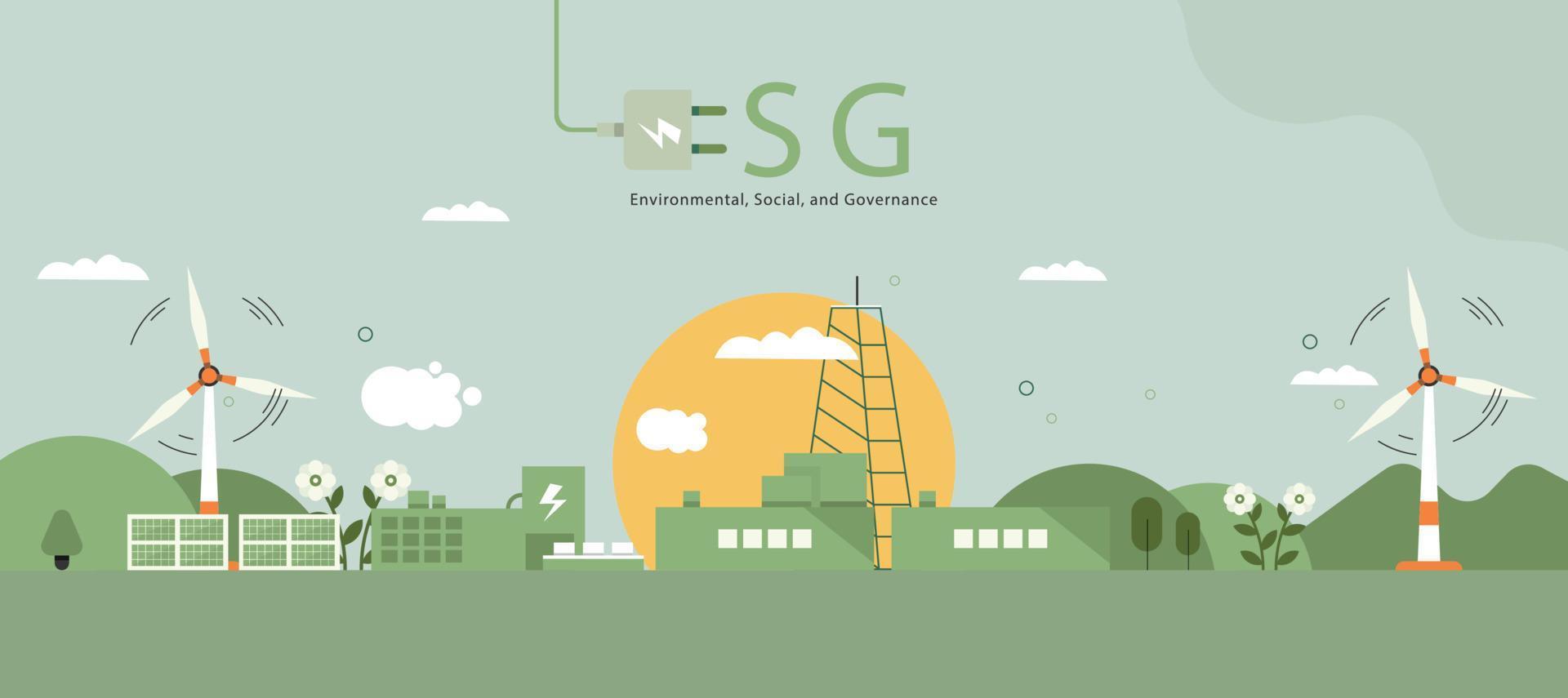 esg-concept, duurzaam milieu, samenleving en bestuur en sociale overheid met windturbines en zonnepanelen. vector illustratie banner