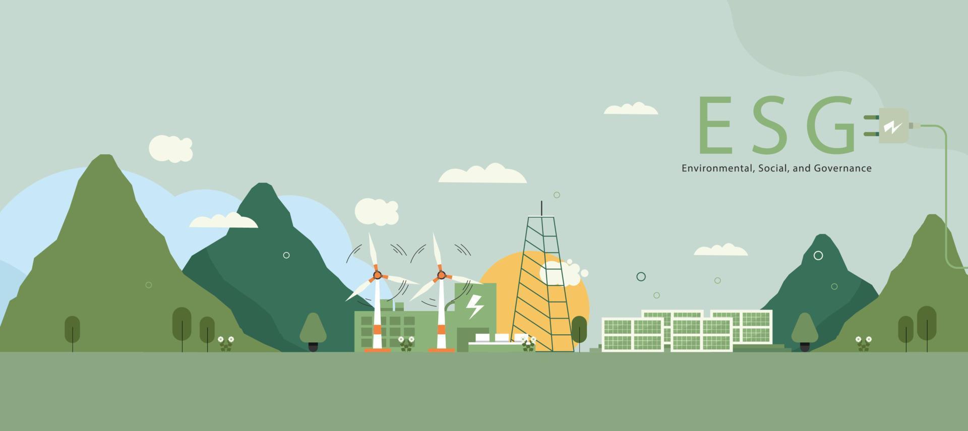 esg-concept, duurzaam milieu, samenleving en bestuur en sociale overheid met windturbines en zonnepanelen. vector illustratie banner
