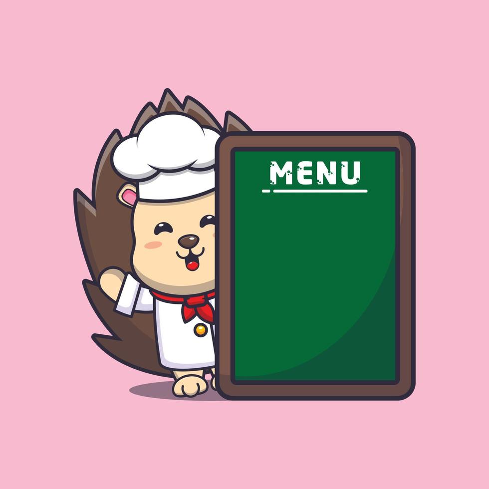 schattige egel chef-kok mascotte stripfiguur met menubord vector