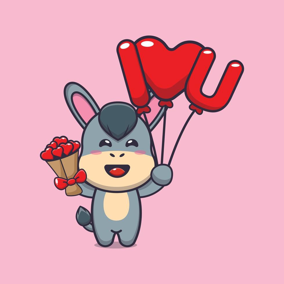 schattig ezel stripfiguur met liefdesballon en liefdesbloemen vector