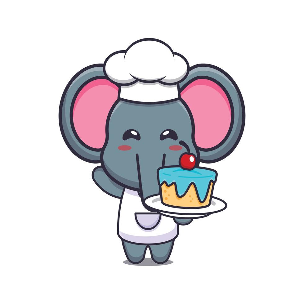 schattige olifant chef-kok mascotte stripfiguur met cake vector