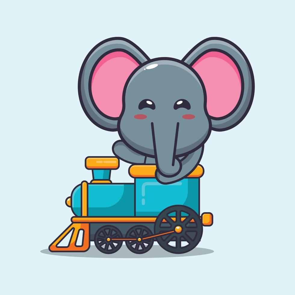schattige olifant mascotte stripfiguur ritje op de trein vector