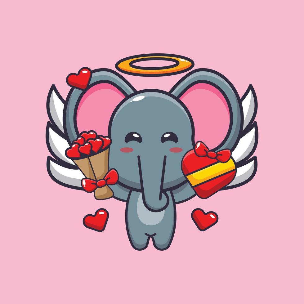 schattige olifant cupid stripfiguur met liefdescadeau en liefdesboeket vector