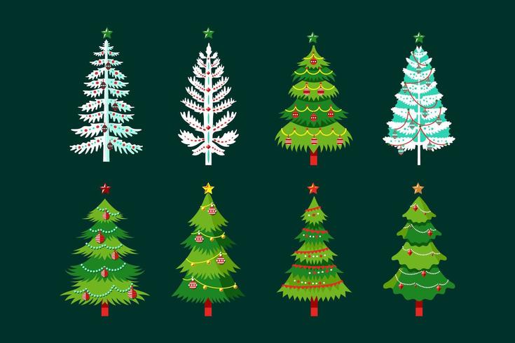 Kerstboom in verschillende stijlen met met sneeuwvlok, bollen en linten vector