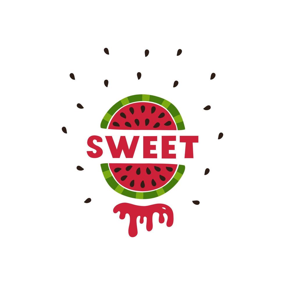heldere verse plak watermeloen, belettering en spatten geïsoleerd op een witte achtergrond. vector illustratie
