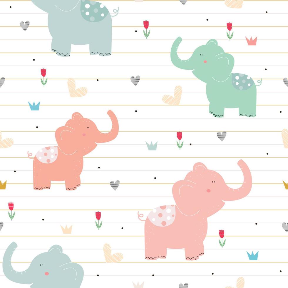 olifant naadloze patroon cartoon dierlijke achtergrond met bloemen samen met notebook lijn. leuke ontwerpideeën voor kinderen. gebruikt voor het maken van kledingpatronen, textiel, cadeaupapier, vectorillustraties. vector