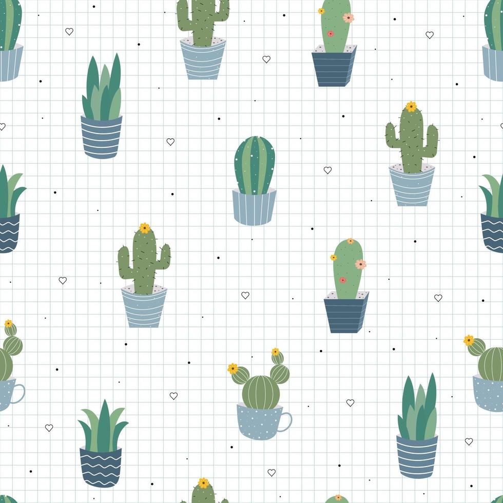 schattig handgetekende naadloze patroon herhaal de achtergrond met een cactus in de pot en een vierkant raster erachter. modern vectorontwerp gebruikt voor cadeauverpakking, textiel, vectorillustratie vector