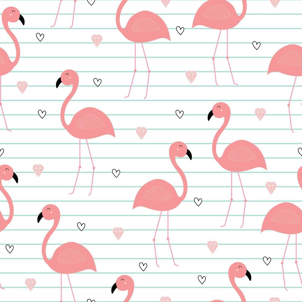 naadloze patroon roze flamingo achtergrond afbeelding schattige dierlijke stripfiguren met hart pictogrammen en kleine diamanten ontwerp ideeën op notebook patronen vector illustratie