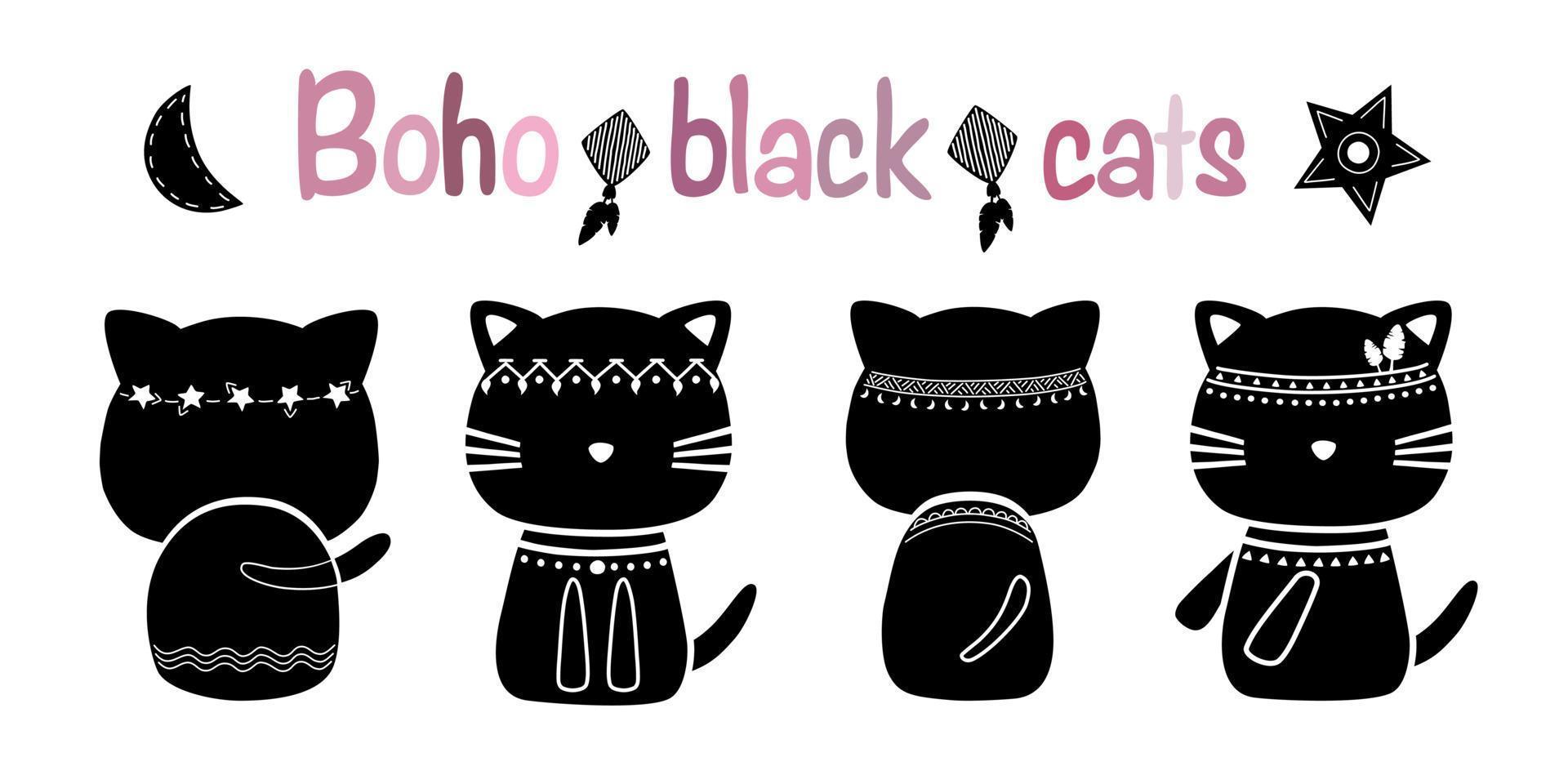 zwarte boho-katten, eenvoudig ontwerp in zwarte toon kan in verschillende toepassingen worden toegepast vector