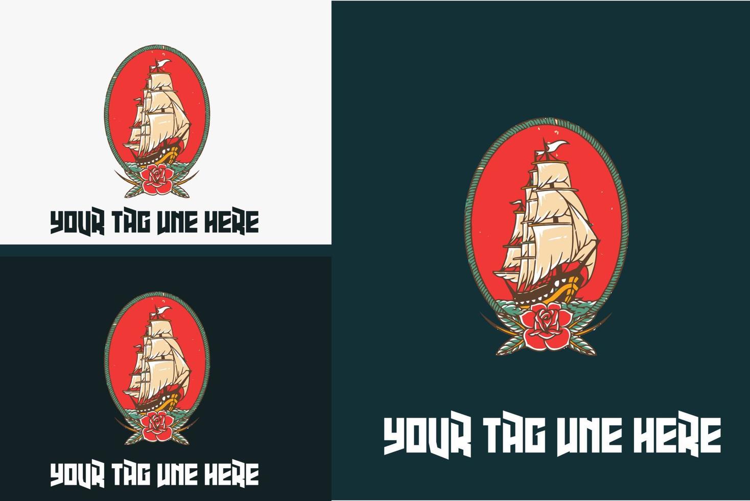 oceaanstomer met rood roze bloem voor logo of tatoeage vector