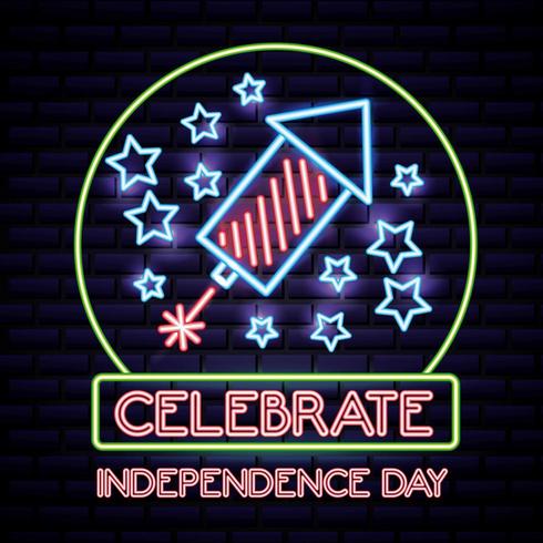 Amerikaanse onafhankelijkheidsdag neon bord met raket en sterren vector