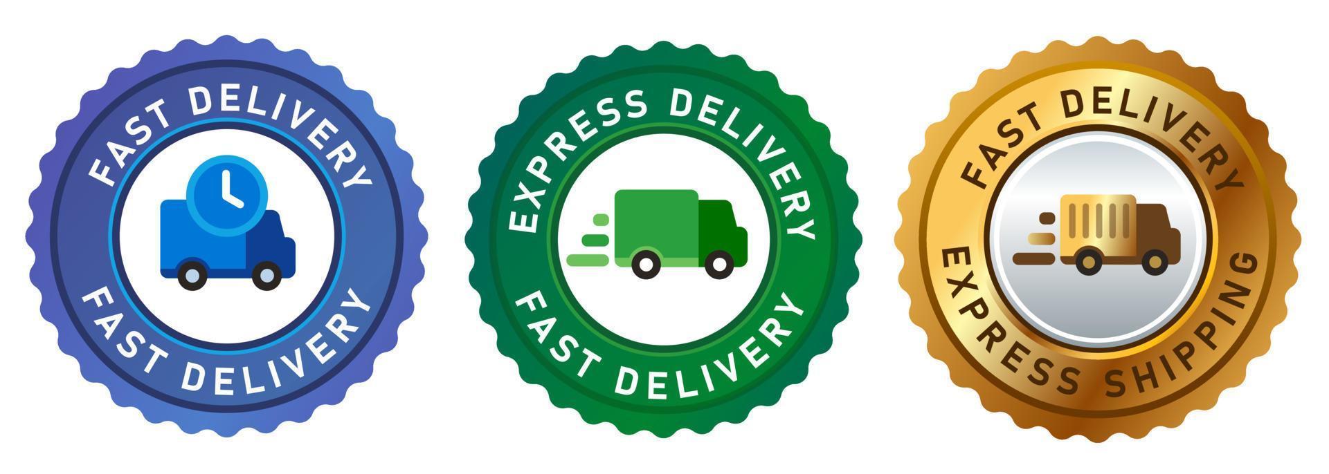 snelle levering express icoon van vrachtwagen embleem stempel badges sticker in blauw groen gouden vectorillustratie vector