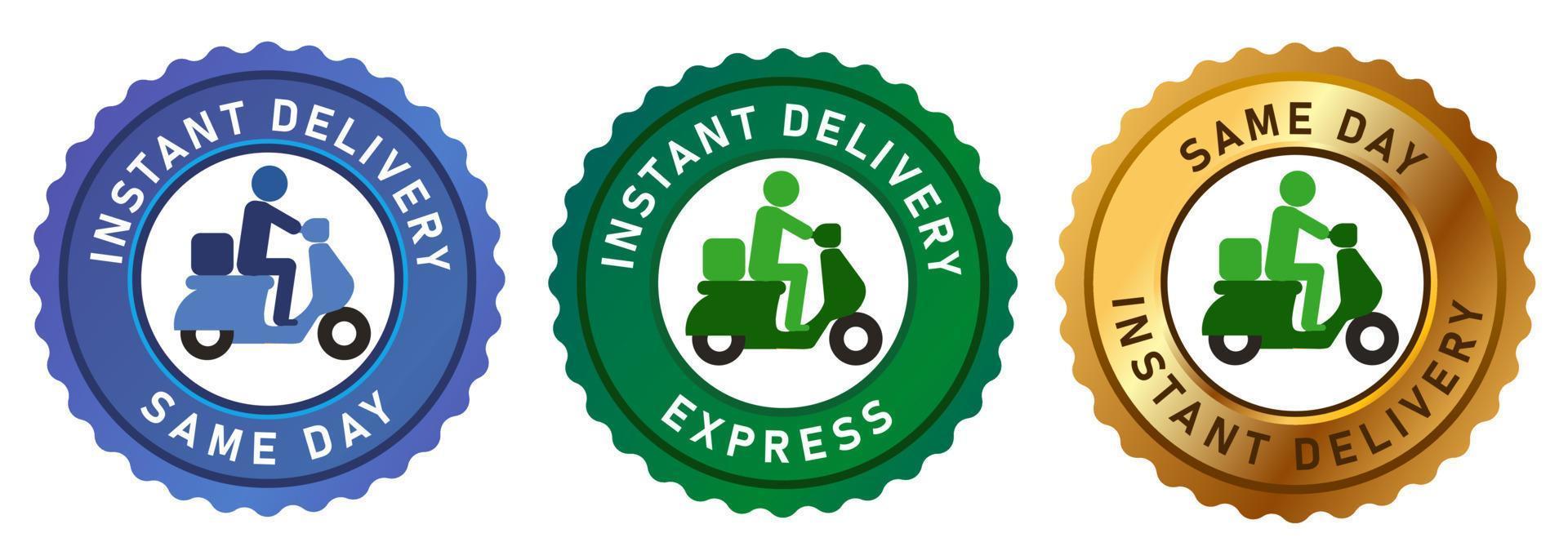 embleem tag label express levering op dezelfde dag express badgesend met fiets motorfiets goud groen blauw vector set