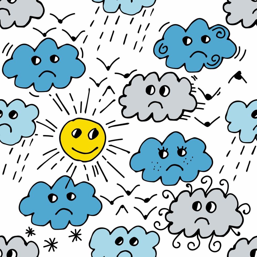 naadloos patroon met zon, wolk, regen, vogel op witte achtergrond. cartoon weer achtergrond. vector