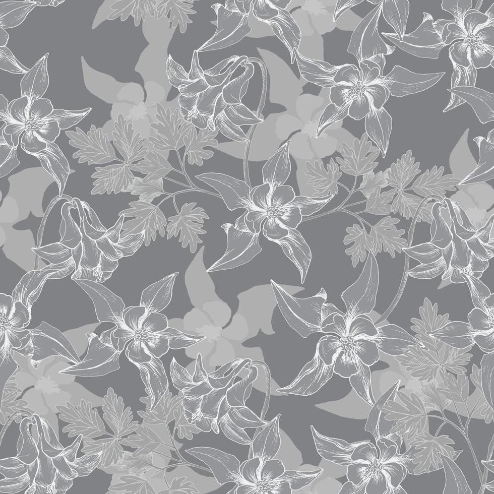 naadloze vector patroon met grijswaarden columbine floewrs. t-shirtontwerp, textiel, stoffen, hoezen, behang, bedrukking, cadeauverpakking
