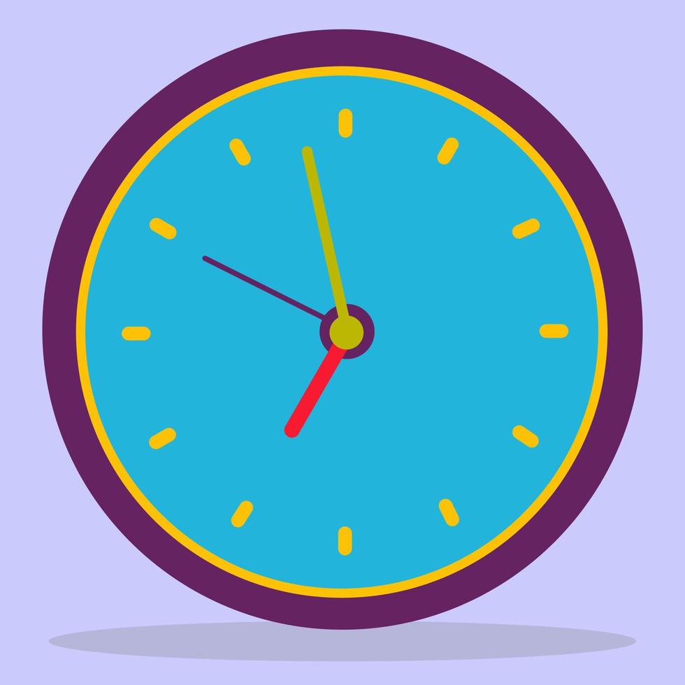 paars klokpictogram in een platte stijl, ronde timer op een blauwe achtergrond met een gele wijzerplaat. een eenvoudig horloge. vector