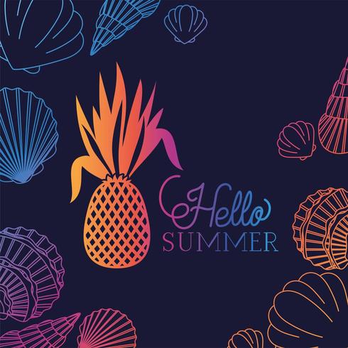 Hallo zomer en vakantie zeeschelp ananasontwerp vector