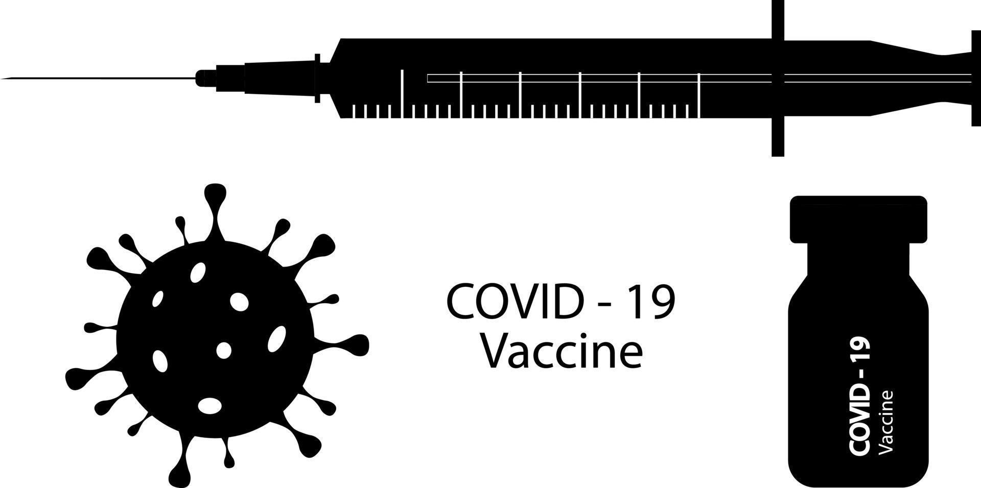 covid-19 coronavirusvaccin. plat pictogrammen, zwarte silhouetten van een vaccin, een spuit. coronavirus. zwarte silhouetten op een witte achtergrond. vector
