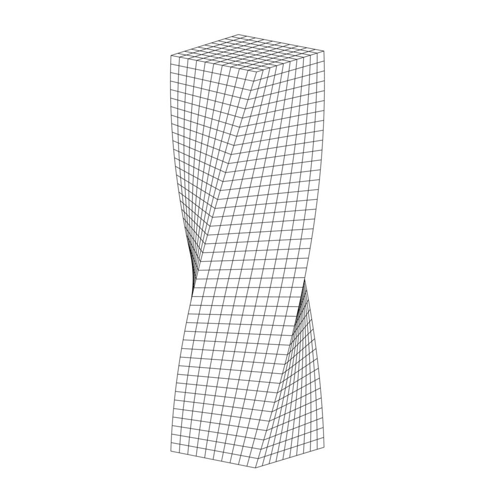 gedraaide 3d abstracte geometrische vorm. misvormde mesh-obelisk met monochrome rooster futuristische structuur met creatieve vectorbenadering vector