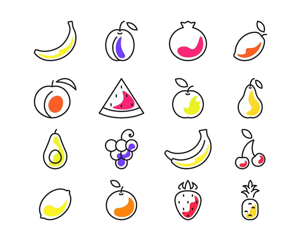 kleurrijke vruchten lijn kunst pictogrammen. rijpe bananen met peer en tropische mango. verse druiven met zoete aardbei en smakelijke vectorperzik vector