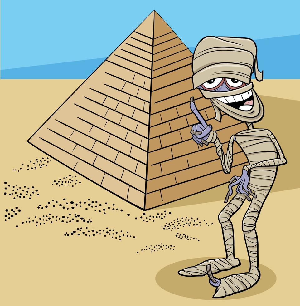 stripfiguur mummie en piramide in de woestijn vector