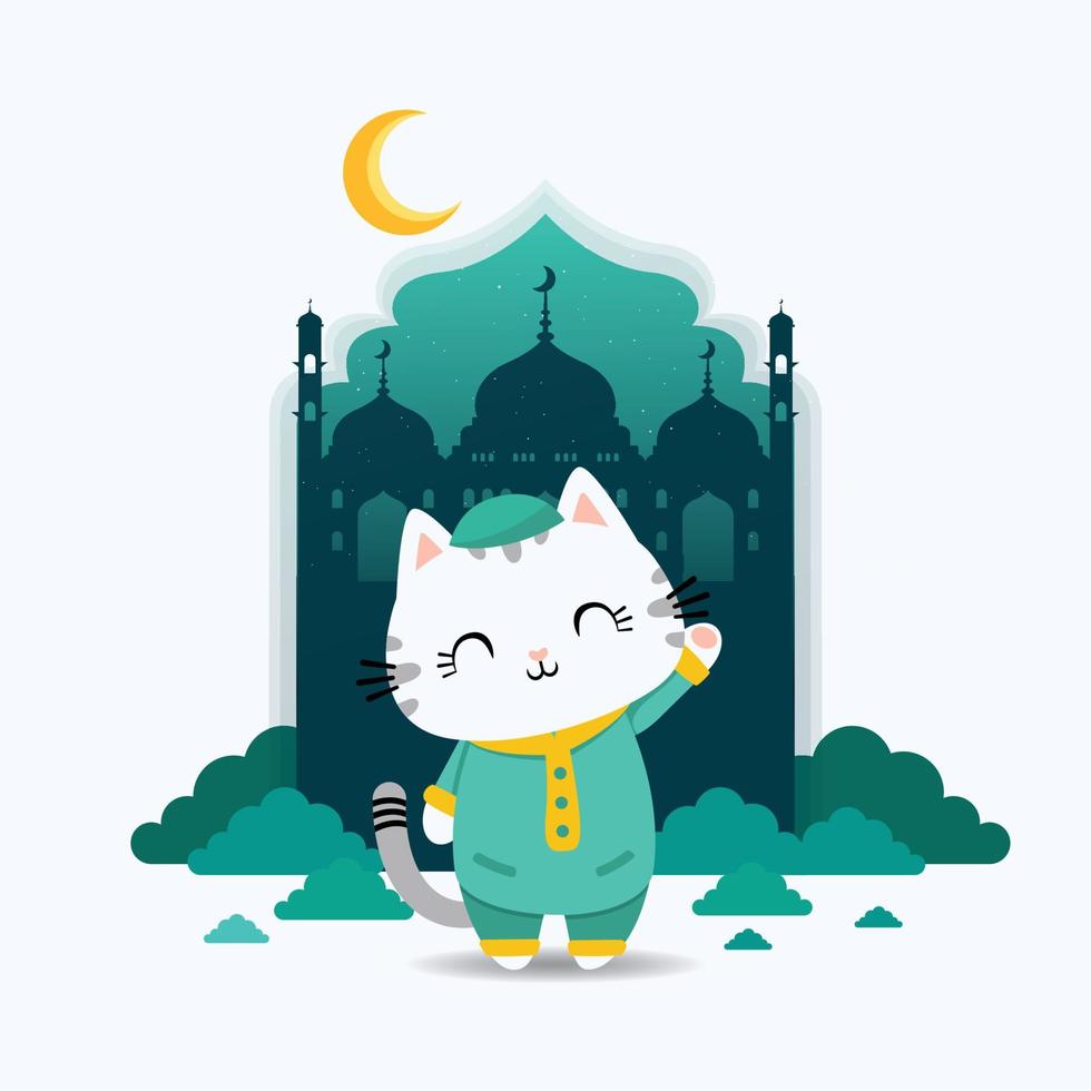 schattig kat dier illustratie ontwerp dragen van witte en groene moslim kleding zwaaien om het moment van de islamitische heilige dag van ramadan te verlevendigen vector