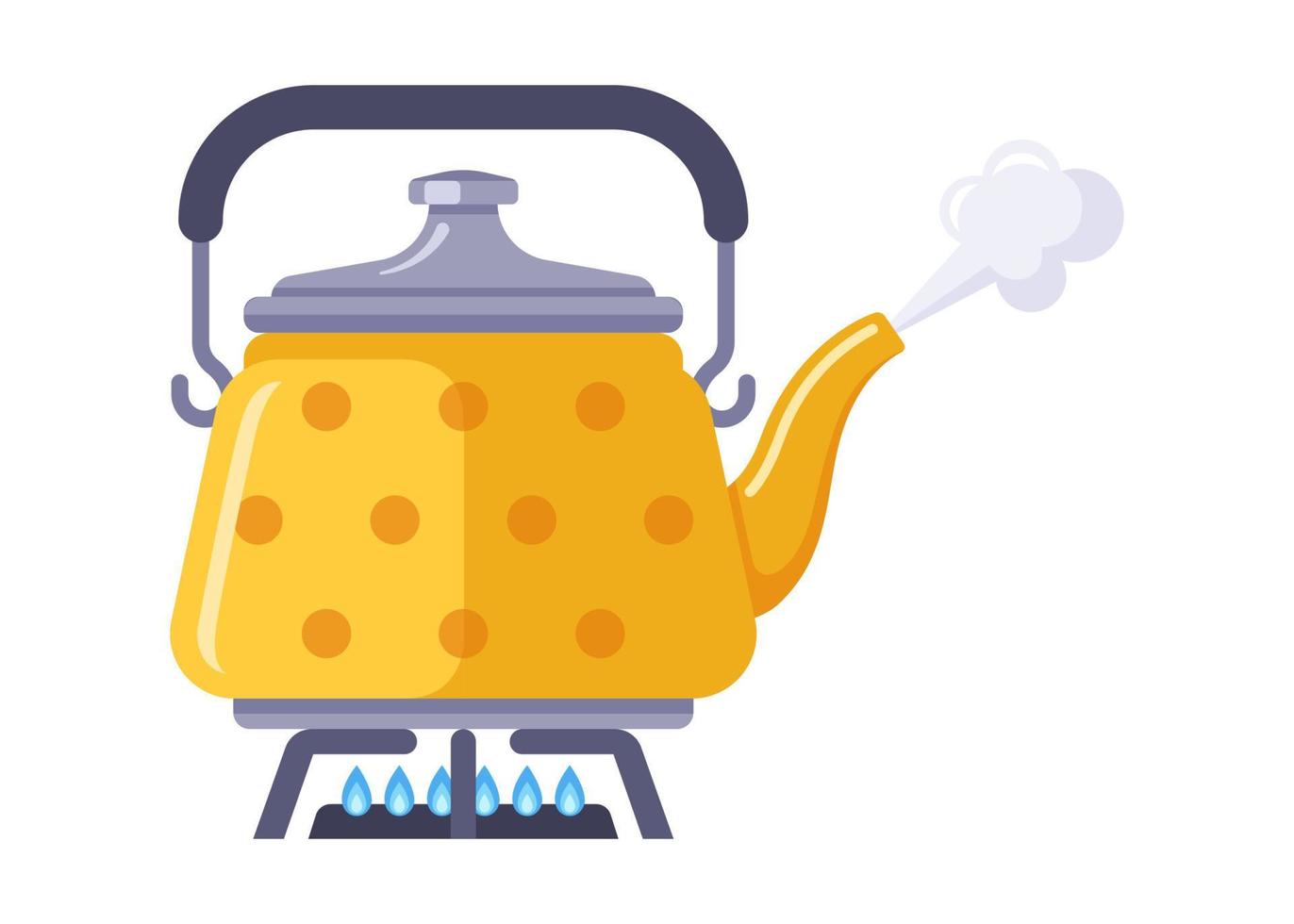 waterkoker staat op een gasfornuis en kookt water. bereiding van warm water voor thee. platte vectorillustratie. vector