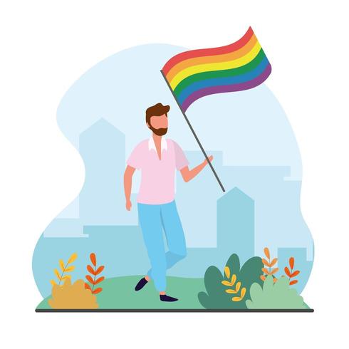 man met regenboog LGBTQ vlag naar vrijheid parade vector