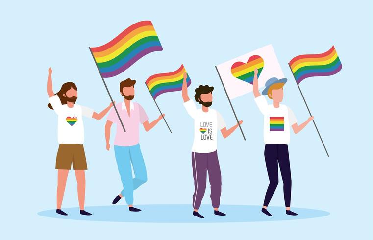 mannen met regenboog en hartvlag naar lgbt vrijheid vector