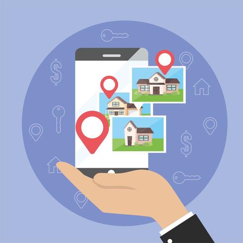 zakenman met smartphone kaart locatie en huizen eigendom vector