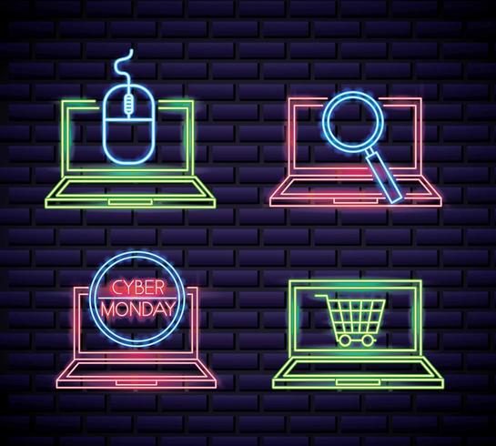 Cyber maandag winkel neon set vector