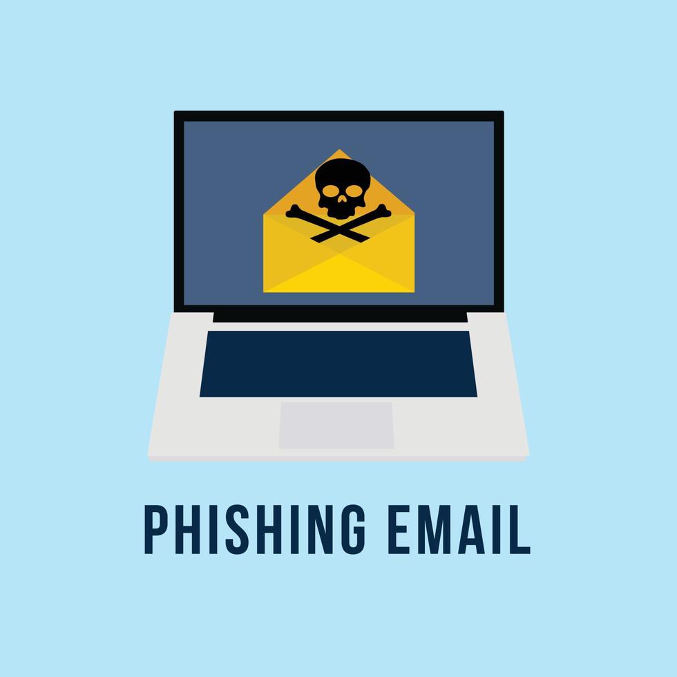 phishing-e-mail met een schedeltekenvector. computer hacker spam mail. wachtwoord login met een phishing e-mail. online oplichtingsmail op een laptop. gevaarsteken in een e-mailenvelop. melding van virusbedreigingen. vector