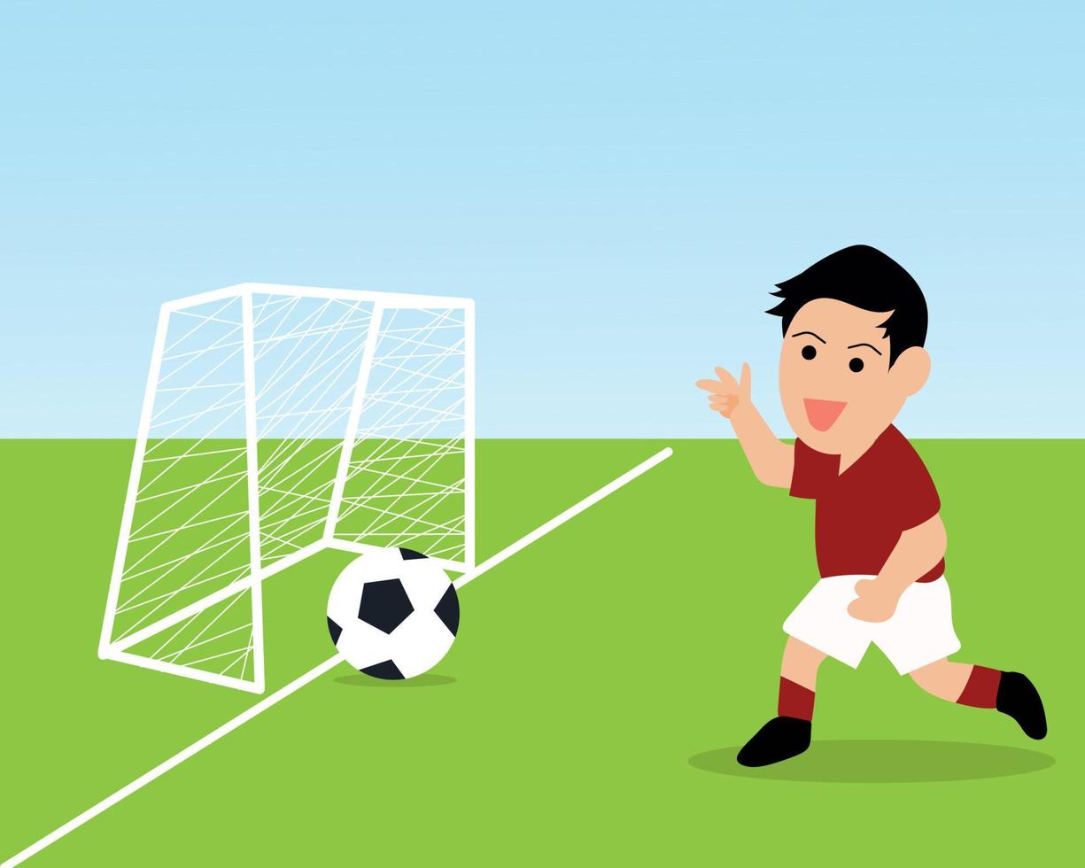 schattige jonge en gelukkige jongen speelt voetbal. hij schiet een bal naar het doel. cartoon vectorstijl voor uw ontwerp vector