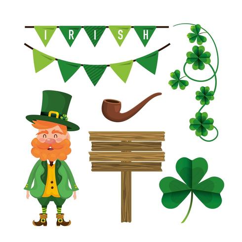 set st patrick man met klavertjes planten en pijp vector