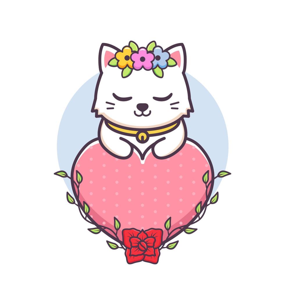 schattige kat met bloem en groot hart vector